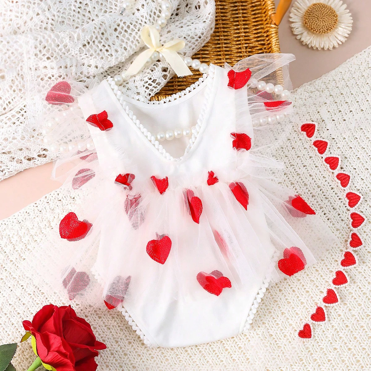 Ylsteed Newborn Girl Photography Outfits Red Heart Embroidery Romper Dress with Headband Infant Photography Props