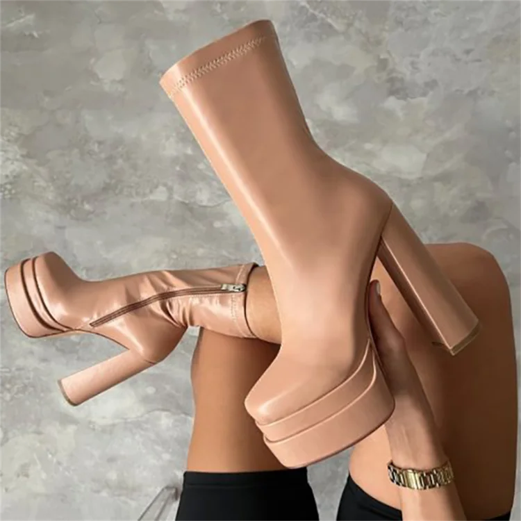 Chunky High Heels Women Boots Autumn Winter 2023 Hot Fashion Double Bottom Mid Calf Boots Simply Side Zipper Office Lady Boots