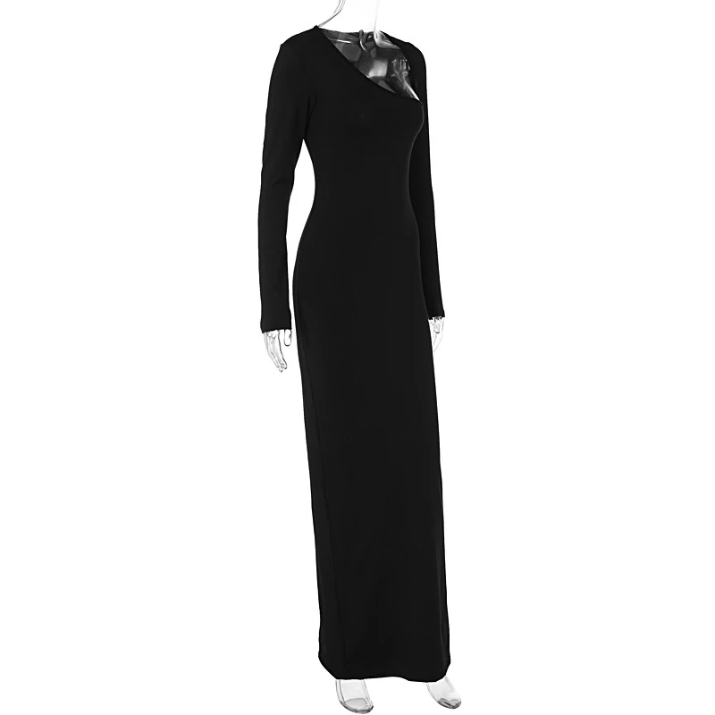 Vestido de fiesta de noche negro Sexy para mujer, trajes elegantes de otoño e invierno, vestidos largos asimétricos de manga larga para fiesta y Club nocturno