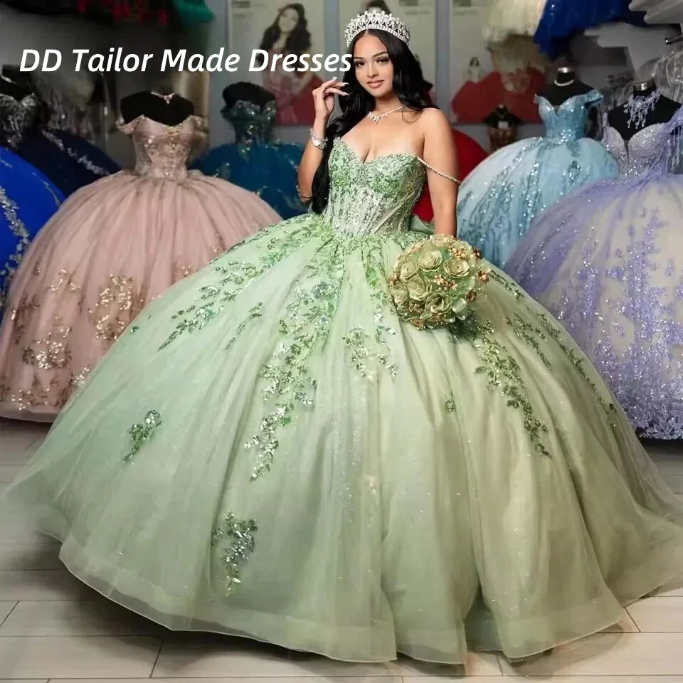 Exquisito vestido para quinceañeras verde claro con lazo en la espalda, vestido de baile espagueti, fiesta de princesa Boutique, dulce 16, personalizado