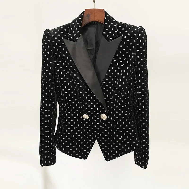 Blazer en velours trempé pour femme, veste à pois pour femme, manteau court noir, tenue de bureau, vêtements de travail d'affaires, robe de Rh, printemps, automne