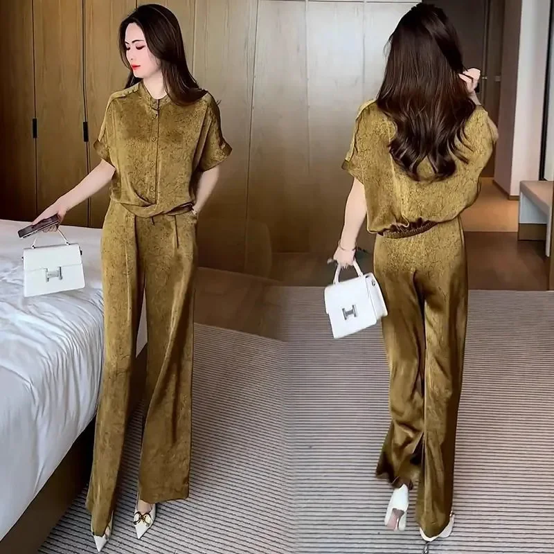 2024 Summer New Women High End Fashion Sets Age Reduction, Flesh Blocking, Western-style Casual Wide Leg Pants Two-piece Sets