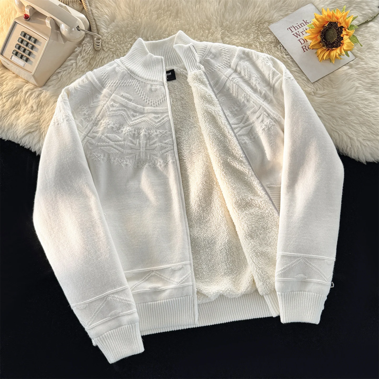 

Fce Lined Knitted Cardigan Men's Warm Sli Lazy High-End Feeling Winter Clothes Fernd Lamb Fur Korean Sle Sweater ...