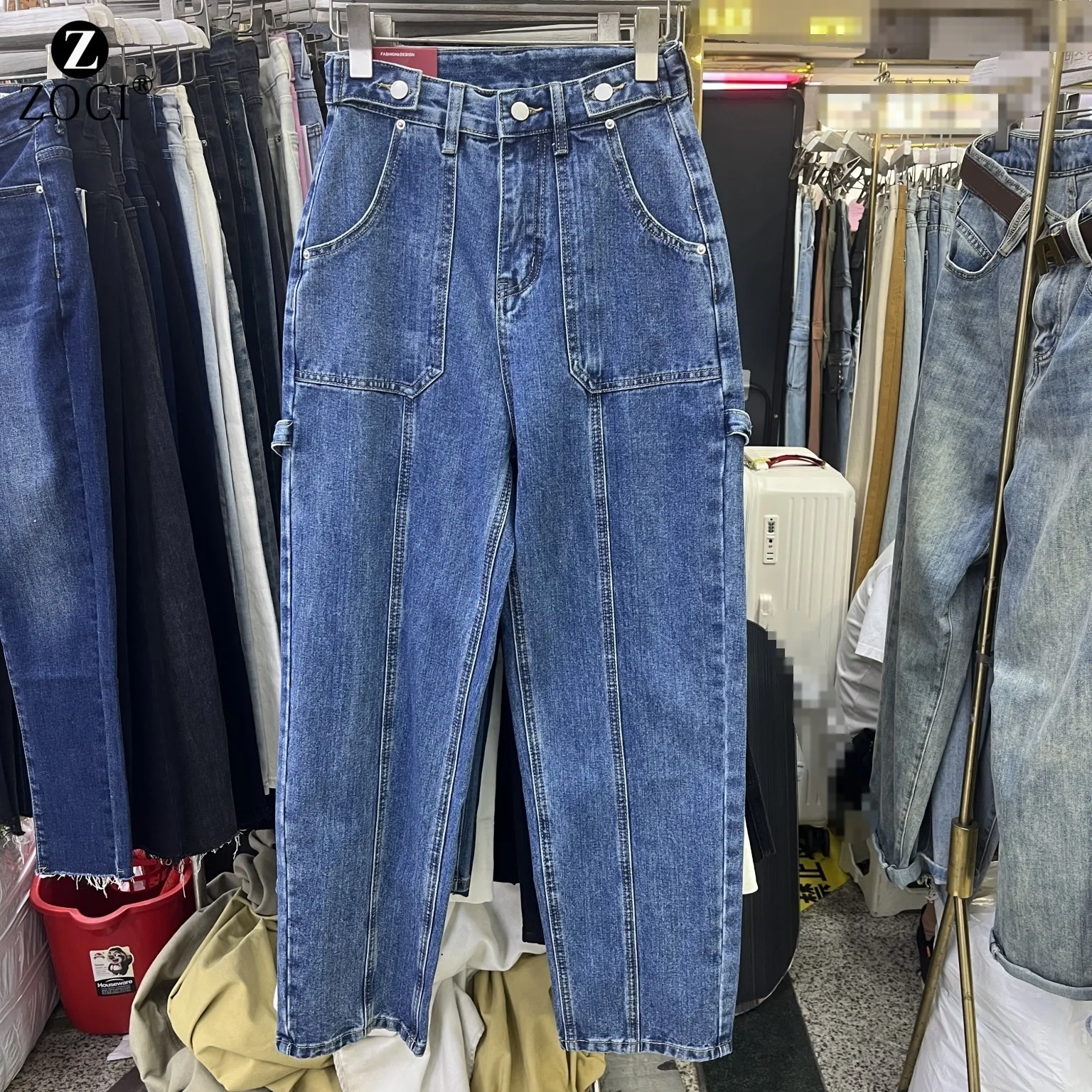 [zoci] South Korea Dongdaemun Autumn New Adjustable Buckle High Waist Straight Tube Workwear Leg Jeans