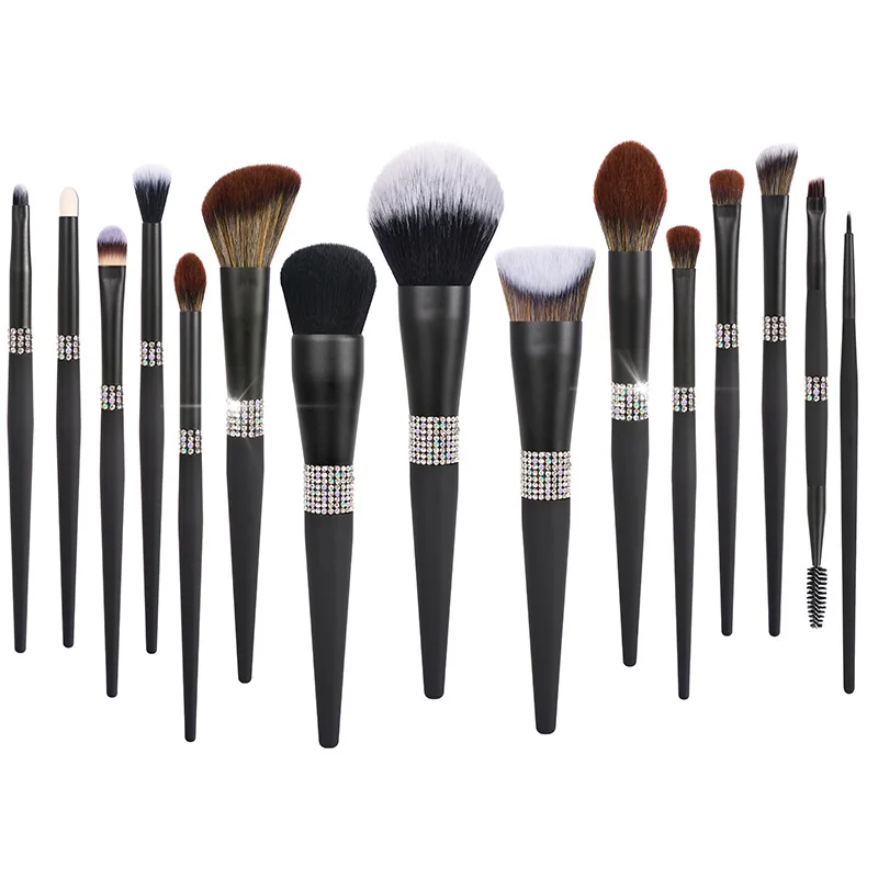 15pcs Makeup Brush Set Private Label Beauty Make up Tools Black Color Bling Crystal Glitter Handle Professional Makeup Brush Kit