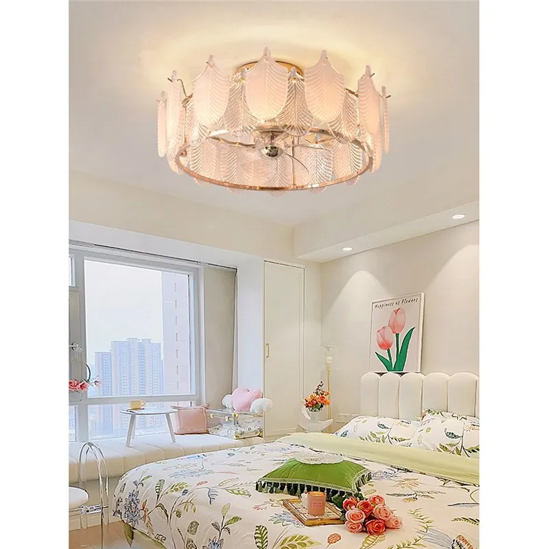 &*Q French fan ceiling lamp cream ins wind light luxury bedroom lamp post-modern atmosphere creative glass household lamp