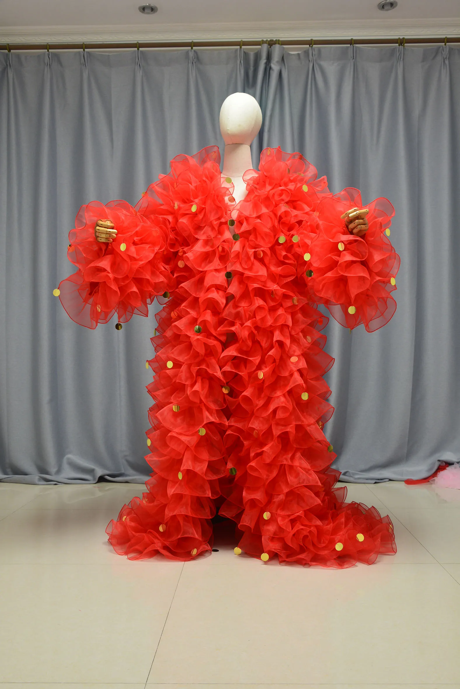 RED Organza Ruffles Sequin Jacket Stage Women Jacket Women Outerwear Coat Cross Dressing Queen Performance Costumes Custom Color