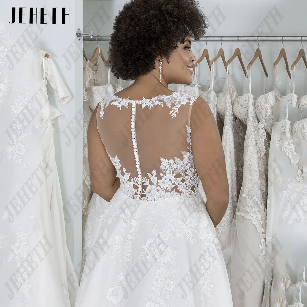 JEHETH Elegant Wedding Dresses Plus Size O-Neck Sleeveless Lace Applique Bride Gowns Illusion A-Line Tulle Robe De Mariee