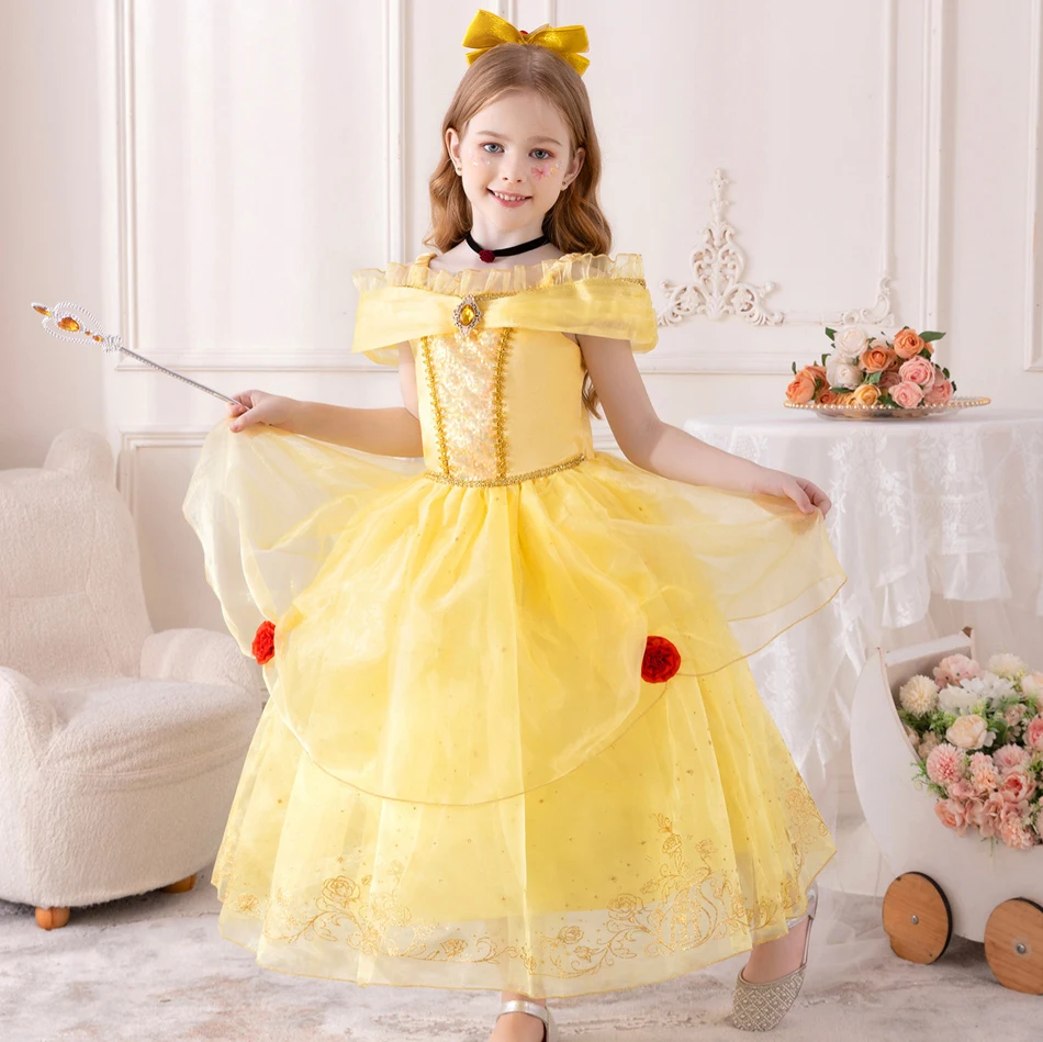 Girls Beauty Beast Classic Belle Cosplay Princess Costume Halloween Fairy Tale Clothing Party Carnival Birthday Elegant Gown