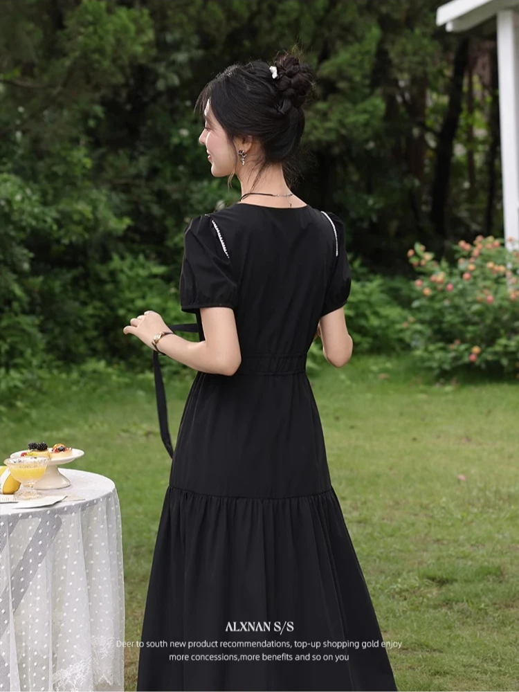 ALXNAN Schwarzes Kleid für Damen, lang, quadratischer Ausschnitt, Puffärmel, Perlen-Design, Kleid, 2025, Sommer, lässig, Party, Kurzarm, Kleidung, L56096