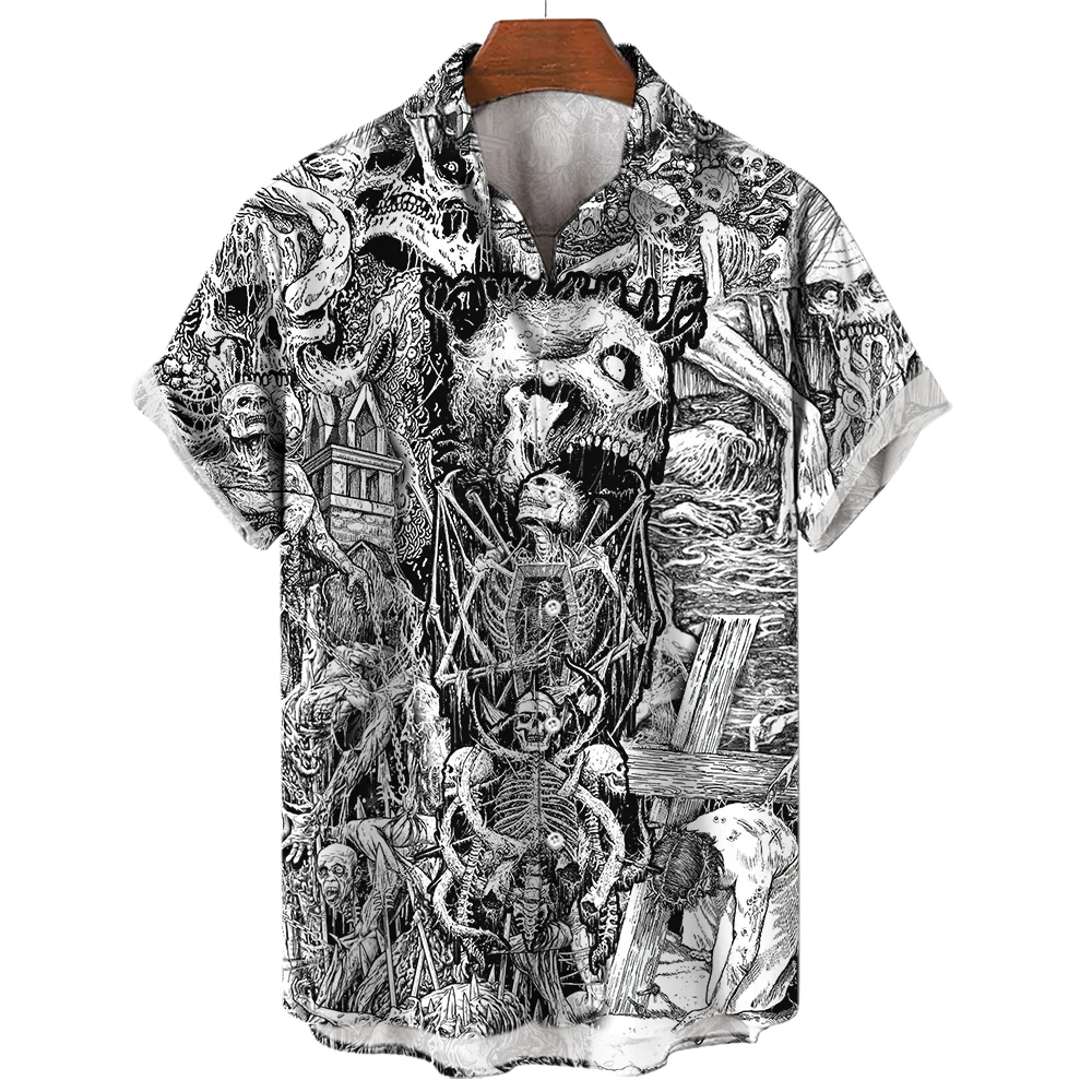 Skull Summer Men\'s Hawaiian Shirts Dead Horror 3D Print Tops Loose Short Sleeve Blouse Streetwear Camisas Casuais Man Clothing