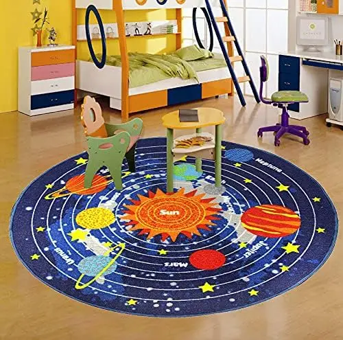 Educational Solar System Planets Rug Blue Star Nursery Mat for Toddlers Kids Children Space Astronomy Learning Polyester Carpet