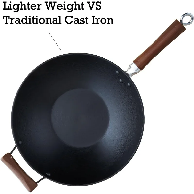 USA Light Cast Iron Wok with Wood Handles 14-Inch, Black