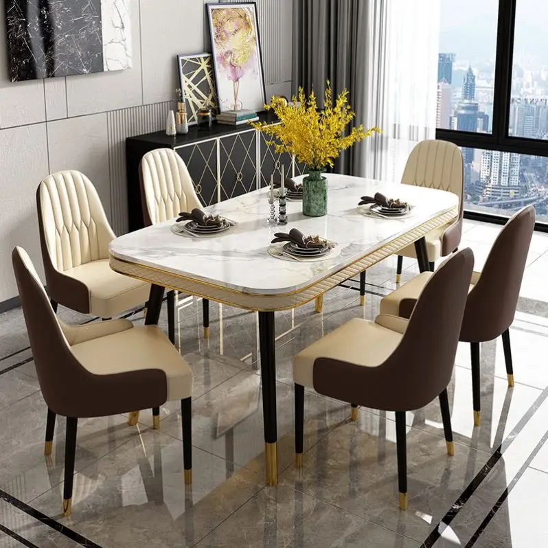 

Luxury Designs Dining Room Furniture Marble Top Dining Table And 6 Chairs With Leather Decoration