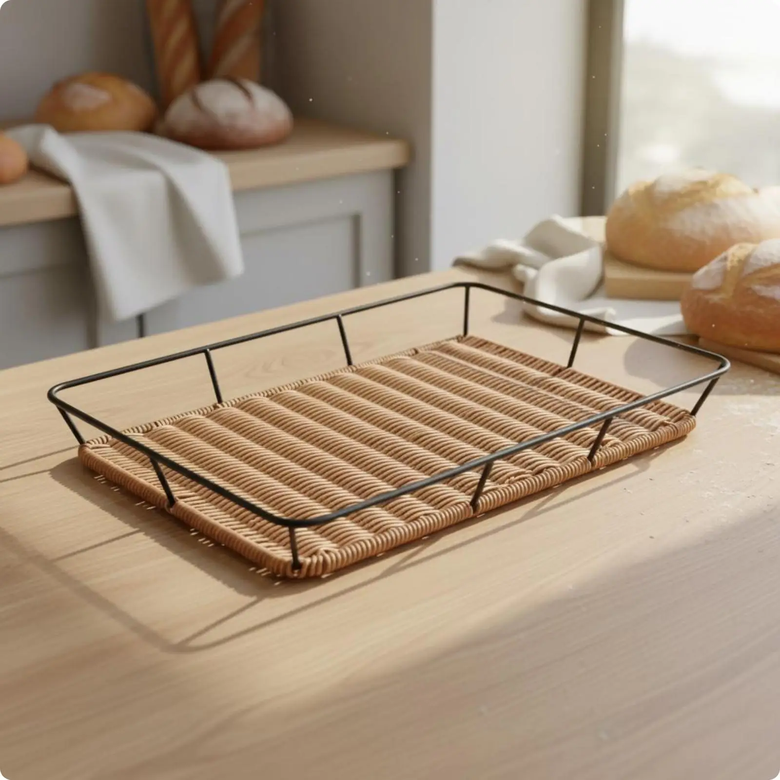Imitation Rattan Bread Basket Rectangular with Iron Handle for Everyday Dining and Storage