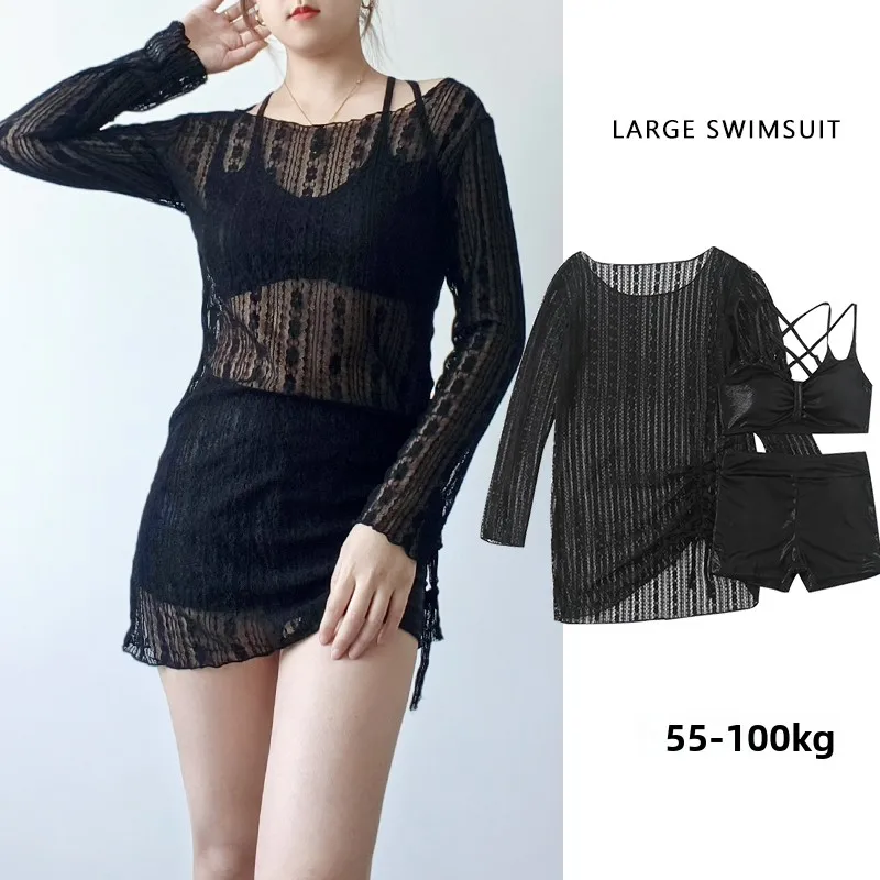 

High-Waist Bikini Swimsuit Women's Two-Piece Long-Sve Cover-Up Thermal Spa Sexy plus Size Swimming Costume Tee-Piece Set