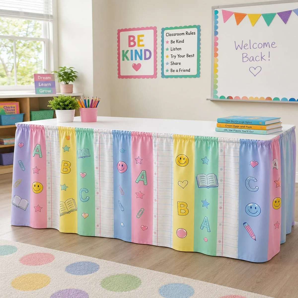 1PC party tablecloth, table skirt, macaron learning theme table skirt, fresh color bar style tablecloth table skirt