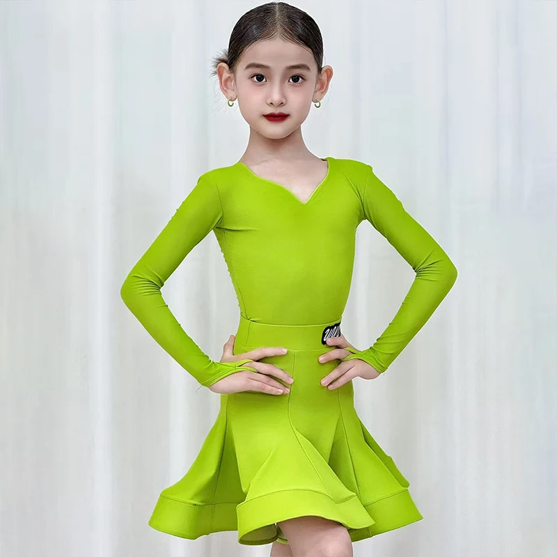 2025 어린이 라틴 댄스 대회 의상 소녀 긴 소매 드레스 차차 룸바 삼바 댄스 연습 훈련 드레스 DNV24831