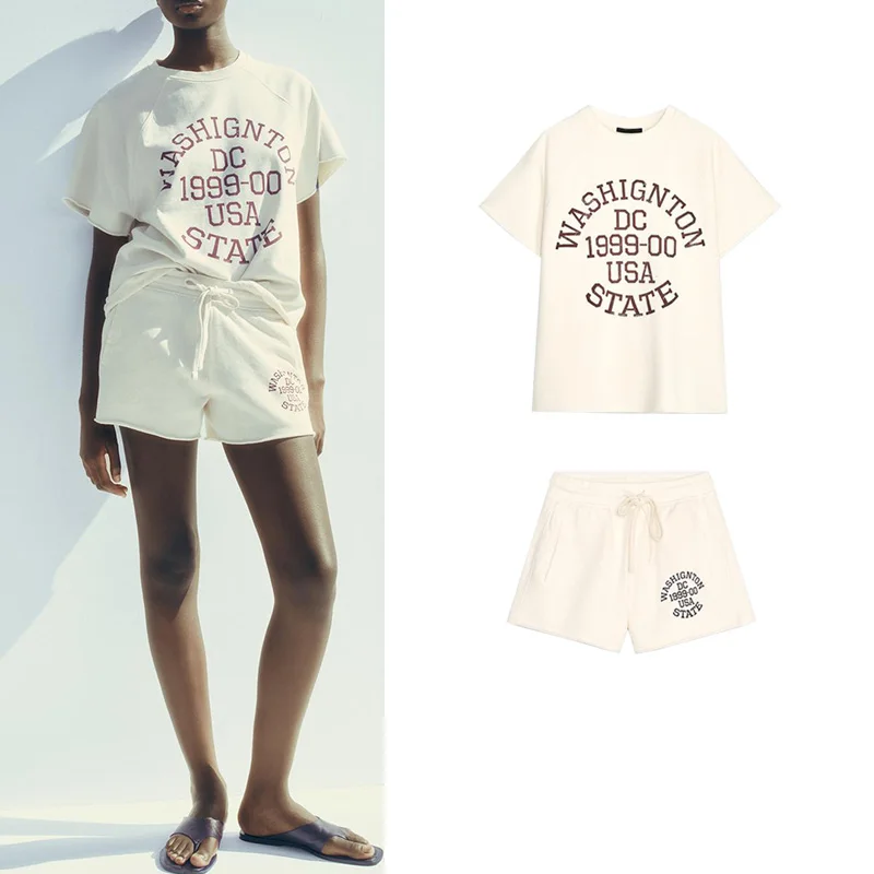 

Summer New round Ne Casual Sweatirt Fce ort Pants Waed Effect Printed Women's Leisure Sportswear Two-Piece Set
