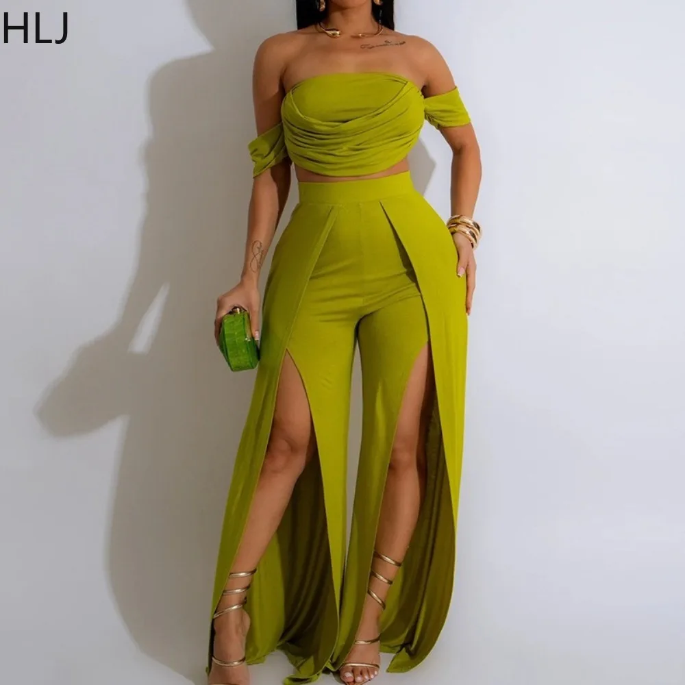 HLJ Fashion Slit Loose Wide Leg Pants 2 Piece Sets Outfit Women Off Shoulder Short Sleeve Crop Top And Pants Party Clubwear Suit