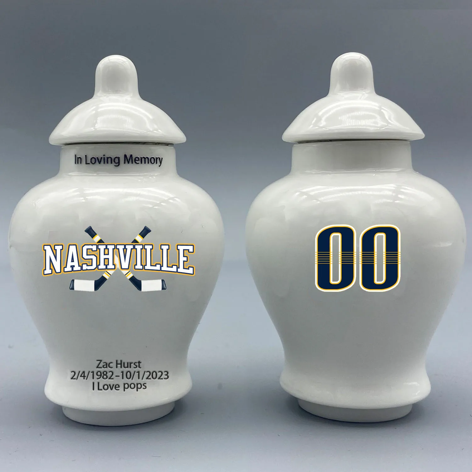 

Mini Urn for Nashville Predator-themed Hockey Urn.Please send me the customization information - name/date and number on the urn