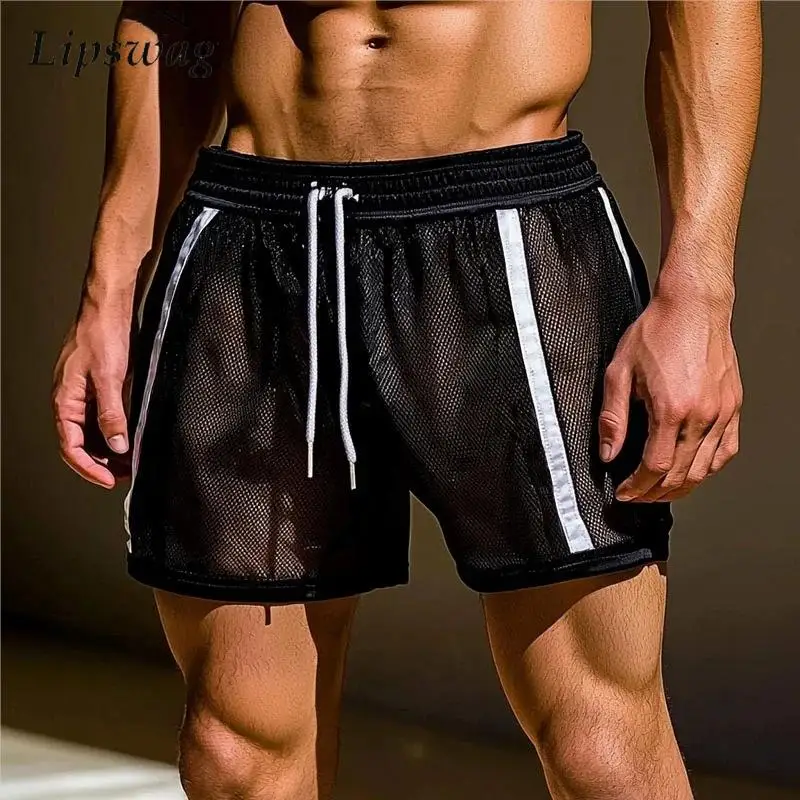 

Sexy Transparent Mesh Shorts Mens 2026 Spring Summer Casual Patchwork Breathable Shorts Stylish Drawstring See Through Bottoms