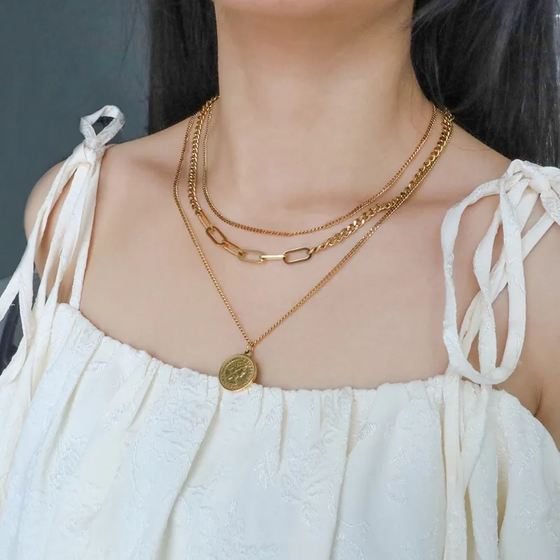 

Хит продаж: французское винтажное многослойное колье из титановой стали с 18-каратным покрытием, круглый кулон с портретом, для женщин