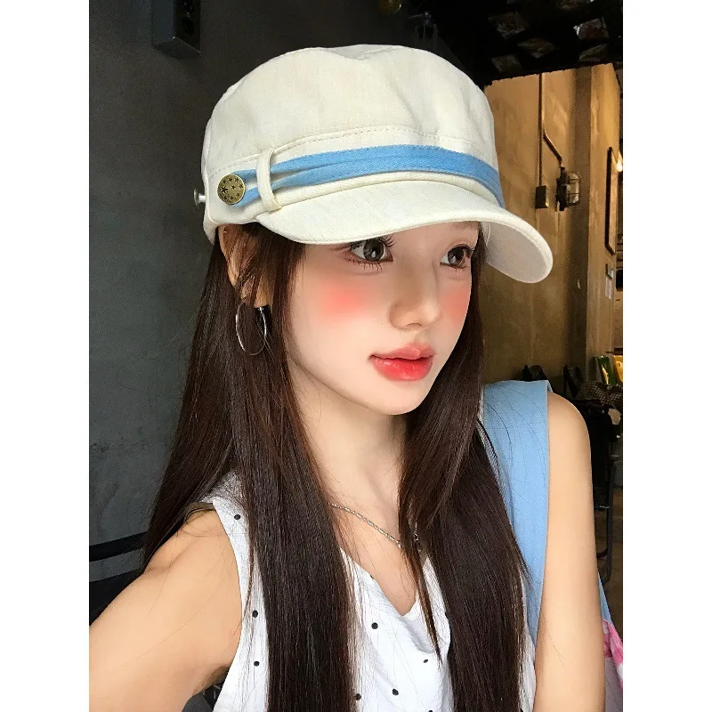 Model Vintage Rivet Flat Top Duckbill Tongue Hats for Women Summer Autumn Luxury Temperament Casual Versatile Military Cap Boina