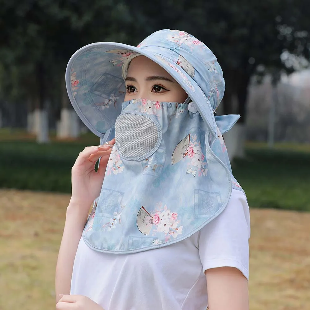 

Sun Hat Anti-UV Mask Picking Tea Hat Wide-Brimmed Portable Sunshade Shawl Cap Cotton Flower Neck Protection Hat Spring