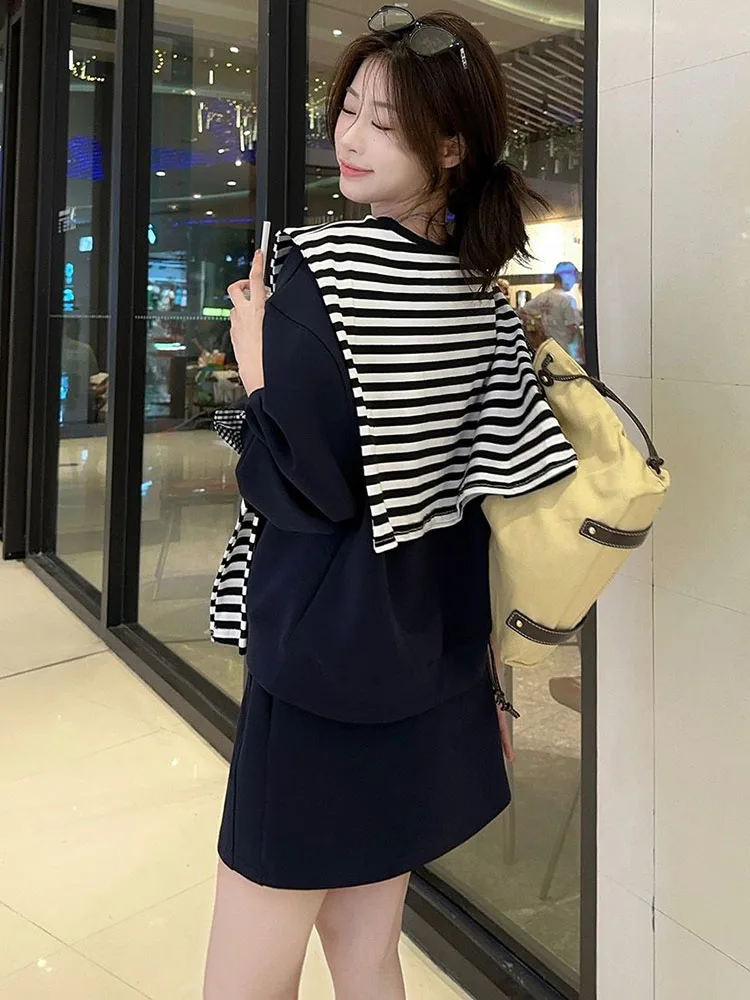 Korean Design 3 Piece Sets Women O-neck Long Sleeve Pullover Tops Striped Shawl Conjuntos Casual High Waist Short Skirt Outfit