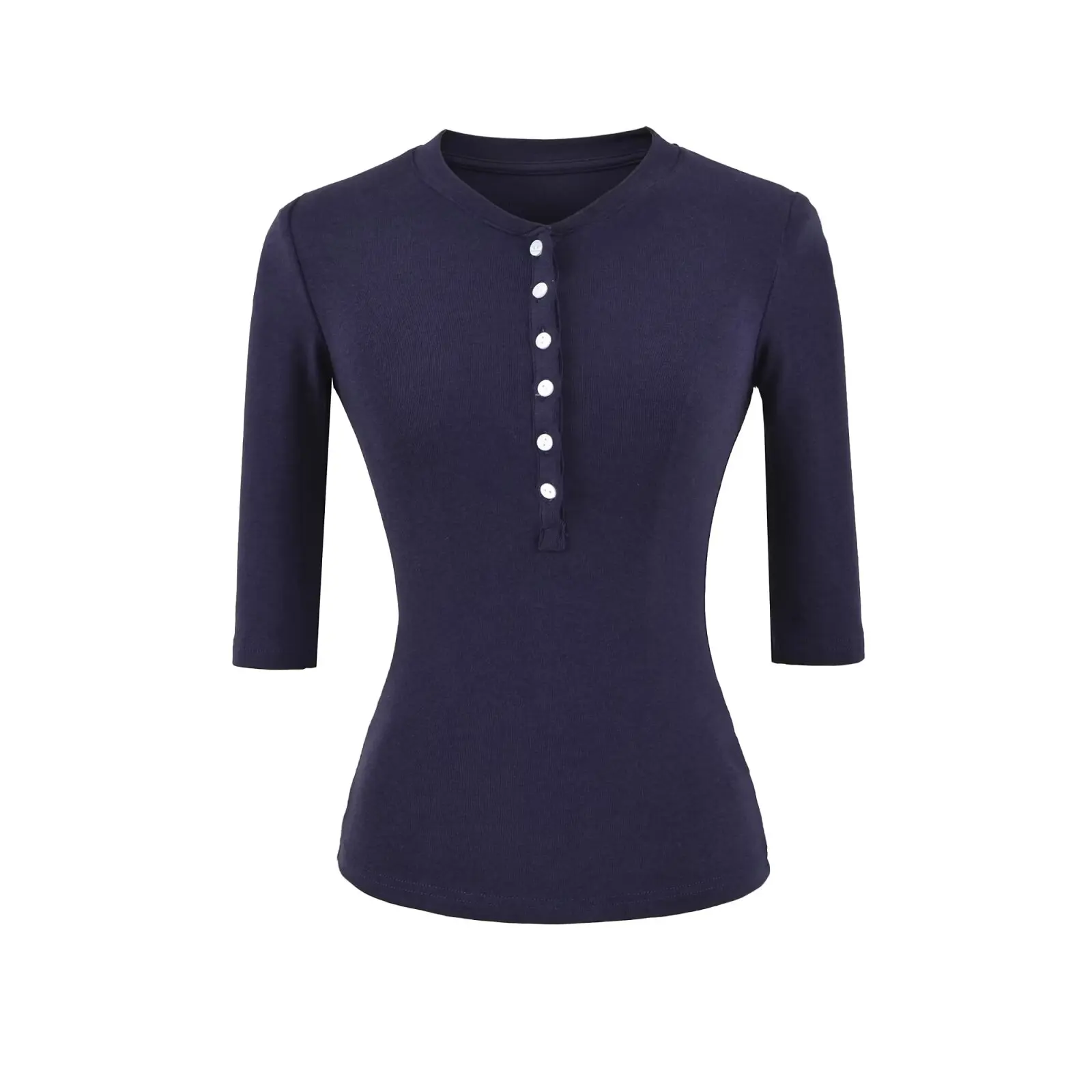 Ele Slim Fit Henry Collar f Sve Top Women أوائل الخريف مطاطا T irt قاعدة أساسية متعددة الاستخدامات irt Commute Sle Cot... #2