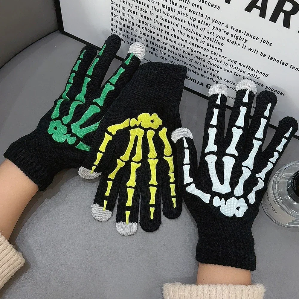 Nuevos guantes Punk Unisex Halloween esqueleto cráneo medio dedo guantes que brillan en la oscuridad sin dedos estiramiento tejido manoplas de invierno