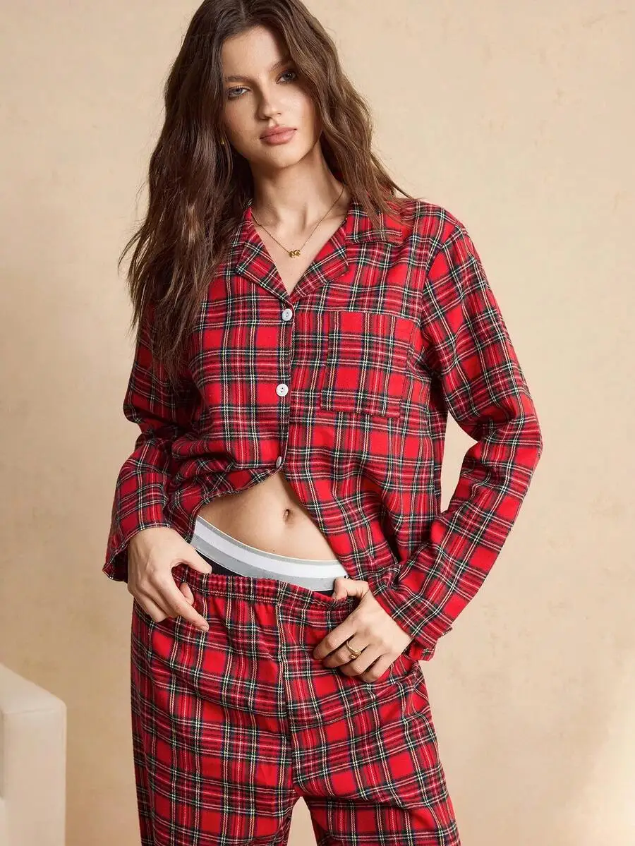 

Red Plaid Lapel Sleepwear Set Women Pajamas Top And Pants Comfortable Casual Nightwear For Autumn Winter