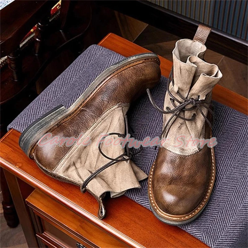 Male Western Boots Handmade Genuine Leather Lace-Up Ankle Boots for Men British Style Mixed Color Round Toe Chunky Heel Boots