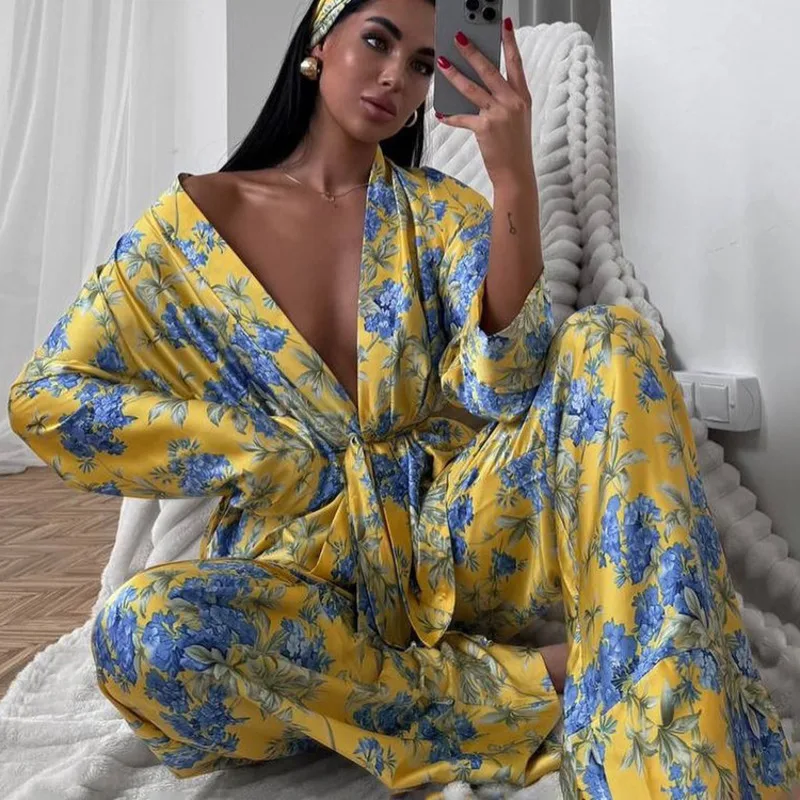 المرأة أنيقة الساتان طباعة 2 قطعة مجموعة الخريف موضة جيدة ثنى قمصان واسعة Led السراويل عادية وأنيقة الزي للمكتب/يومي