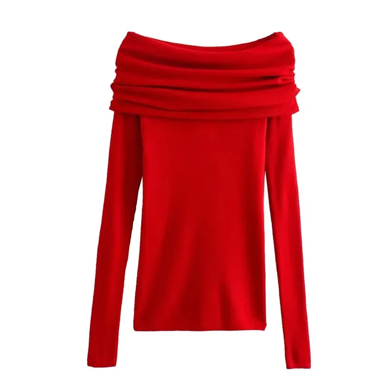 TRAF Off Shoulder Red Crop Top Woman Ruched Knit Top Autumn Winter Short Sweaters Women Pullover Long Sleeve Knitted Sweater