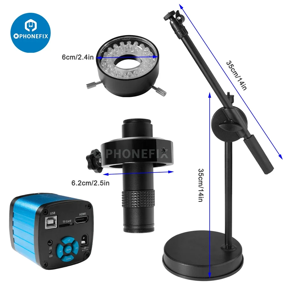 48MP 4K 1080P HDMI USB Industrial Video Microscope Camera 1X-130X Zoom C Mount Lens with Overhead Tripod Tabletop Shooting Stand