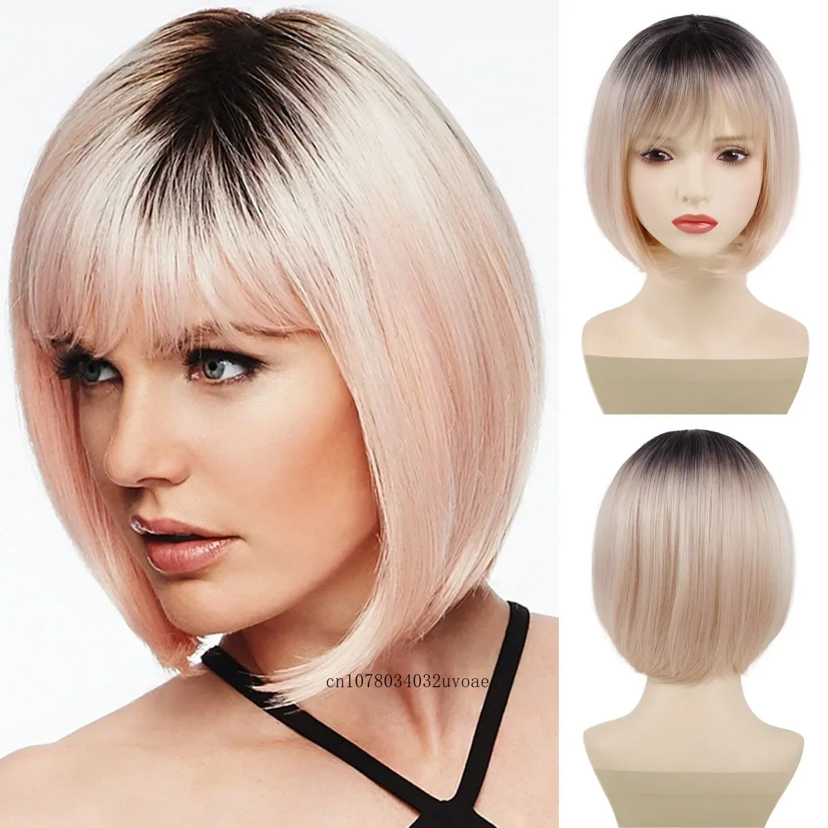 Women's Short Bob Wig with Bangs Synthtic Pink Wigs for Women Natural Soft Ladies Girls Cosplay Costume Party Lolita Wig Ombre