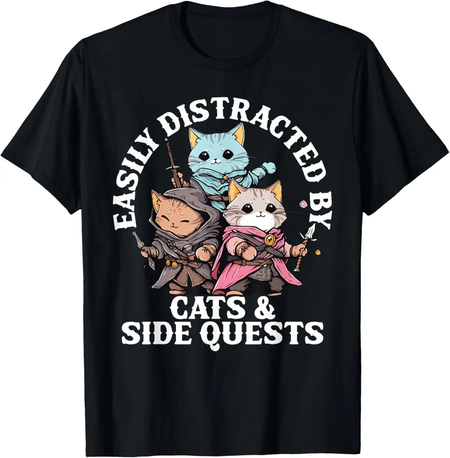 Cats Side Quest Distracted Tabletop Funny Men Women Kids Dad T-Shirt Tee – Soft, 100% Cotton Trendy Y2K Short-Sleeve Tee-Soft,
