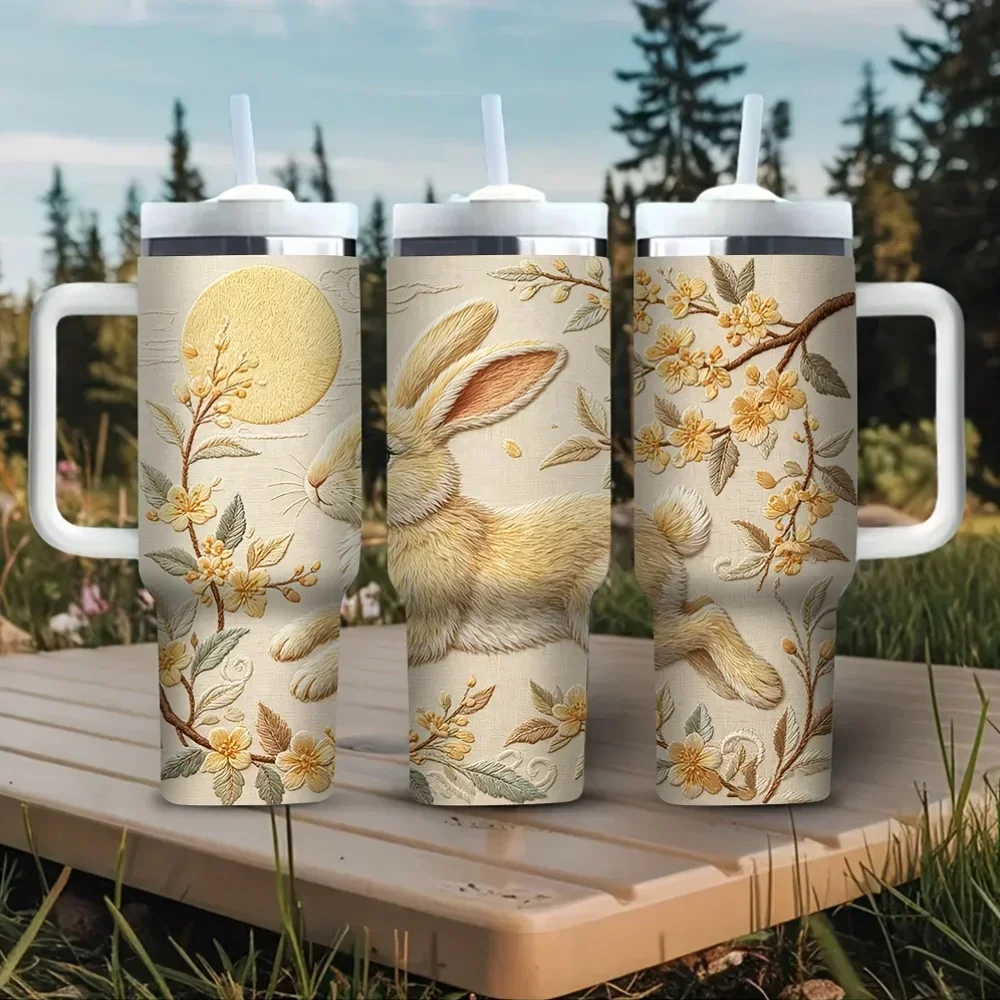40Oz Tumbler with Handle, Retro Embroidered Rabbit Moon Yellow Flower Print, Suitable for All People, for Daily And Outdoor Use, Fits Both Hot And Cold Drinks