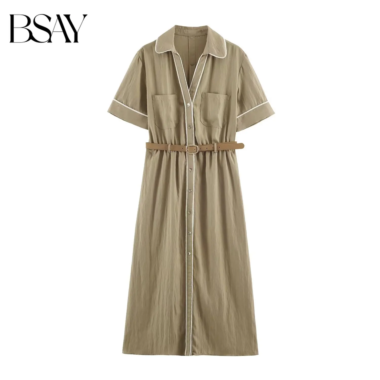 BSAY French Style Women Contrast Piping Shirt Midi Dress Lapel Collar Short Sleeve Detachable Waist Belt Casual Daily Long Dress