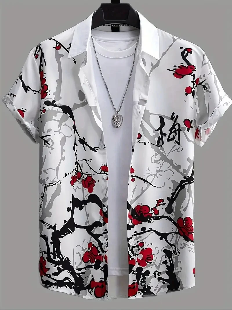 Chinese Style Men's Shirt Winged Plum Plum Blossom Print Shirt Casual Short Sleeve Lapel Shirt Seaside Vacation Party Clothing