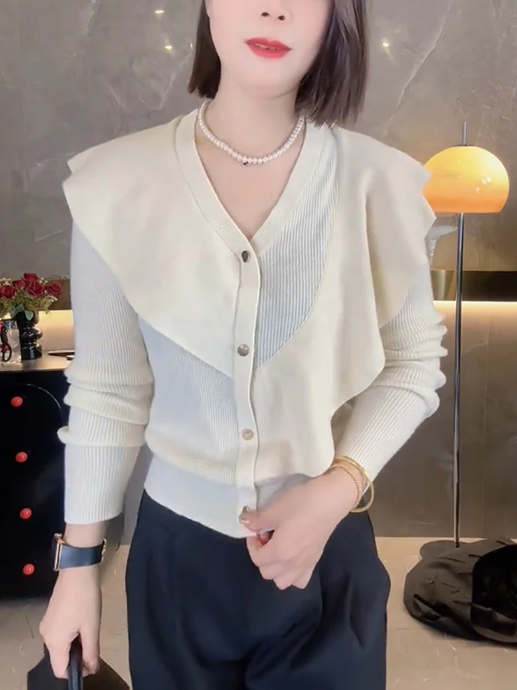 

Вязаный свитер большого размера с красивыми вставками, повседневный, осенне-зимний, модный, стройнящий кардиган в европейском стиле, простой, с волнистым краем