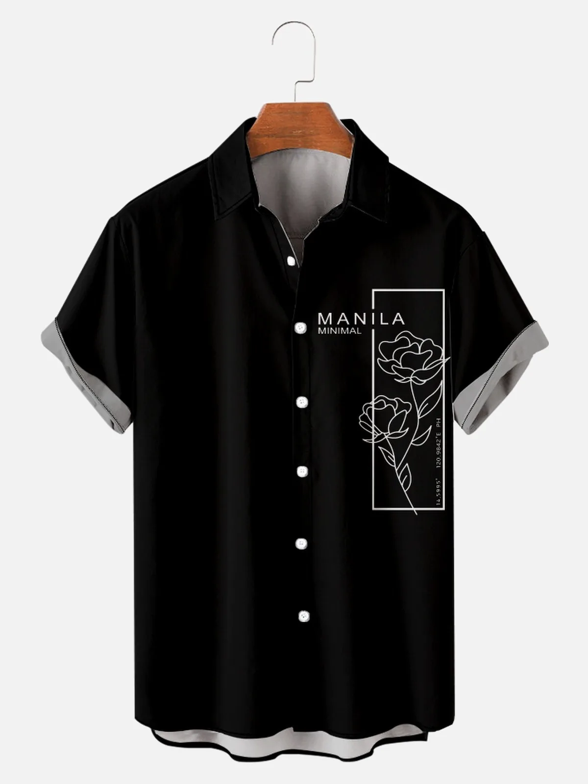 

Black Chinese Style Rose Flower Print Short Sleeve Shirt Harajuku Streetwear Men Hawaiian Summer Hip Hop Button Up Beach Shirt