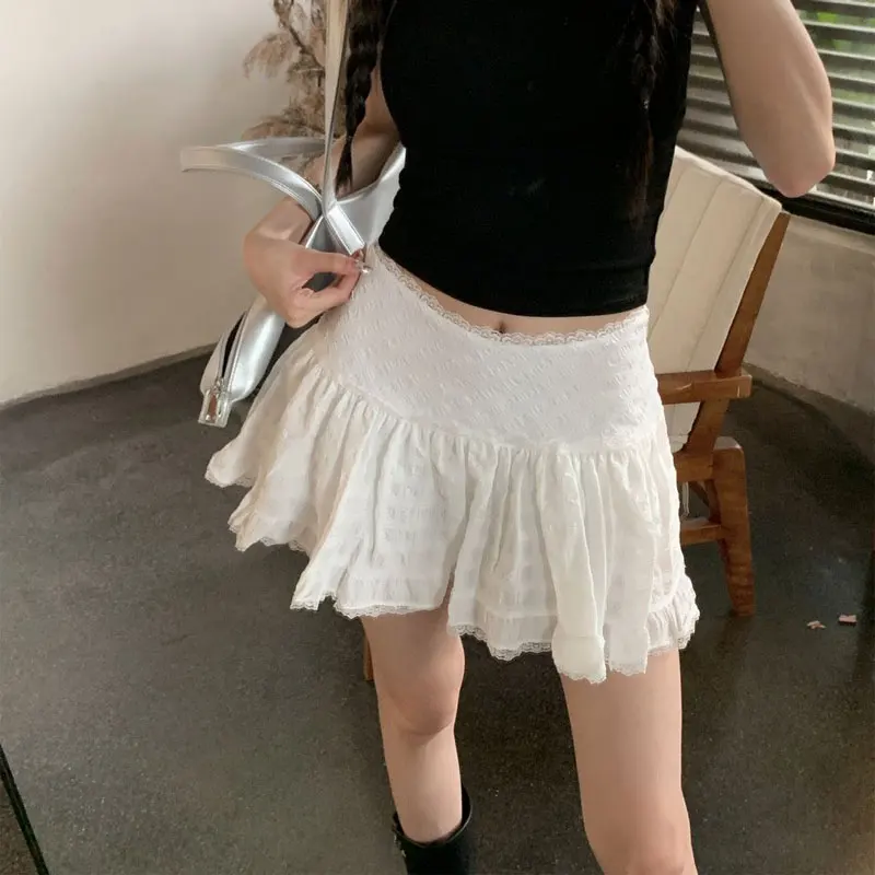 

Ballet Fashionable Lace Spliced Mini Skirts Summer High Waist Female Clothing Basic Solid Color A-Line Hotsweet Cupcake Skirts