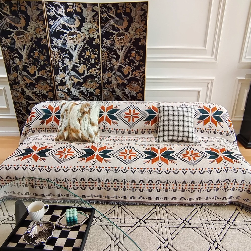 1PC Geometric Sofa Throw Blanket Double-Sided with Tassels Living Room Furniture Protection Throw Pillow Cover