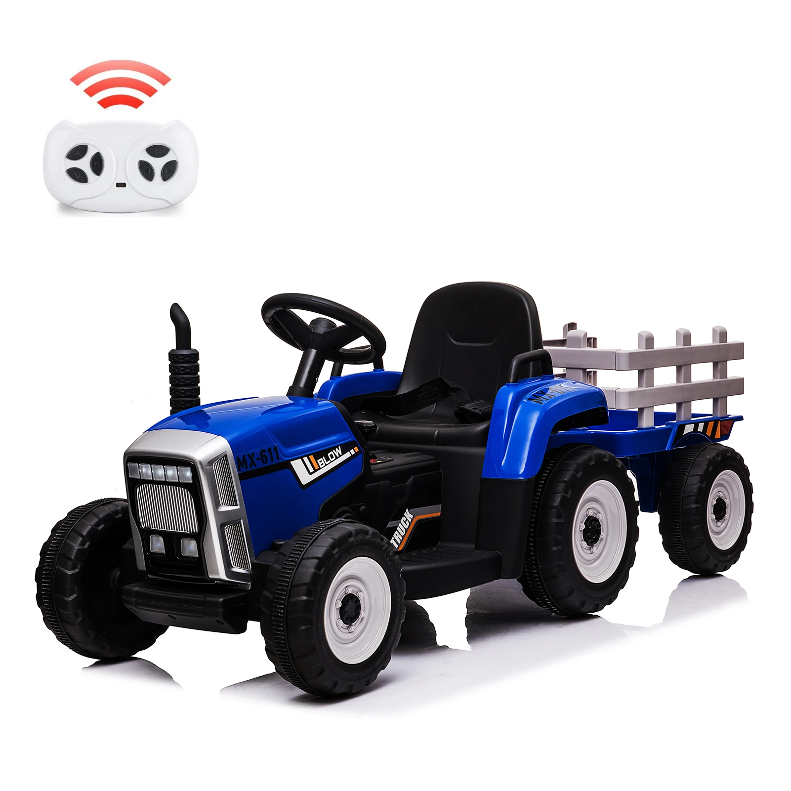 Elektrische tractor aangedreven door batterij 12V voor kinderen met aanhanger, auto voor alle kinderen met afstandsbediening, 7 LED-koplampen, MP3-speler