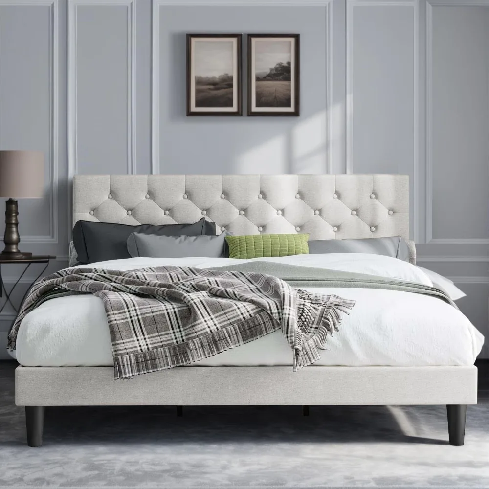 

King Size Bed Frame with Button-Tufted Headboard, Wooden Slat Support, Linen Platform Beds, Upholstered Bed Frame