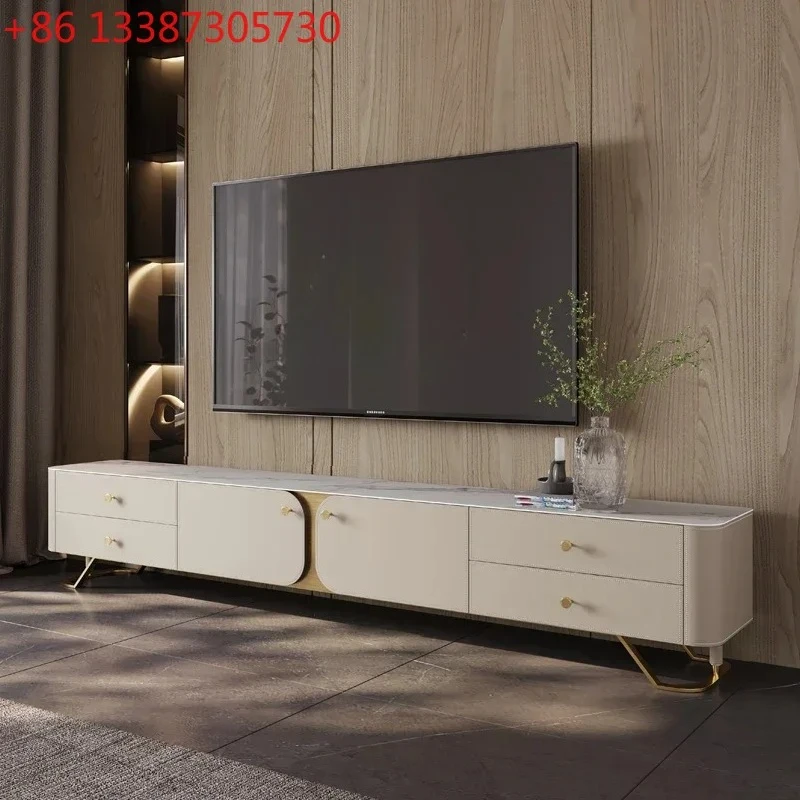 

CC Современный светлый роскошный ТВ-шкаф из каменной плиты, высококачественный прямоугольный кожаный седельный журнальный столик для гостиной