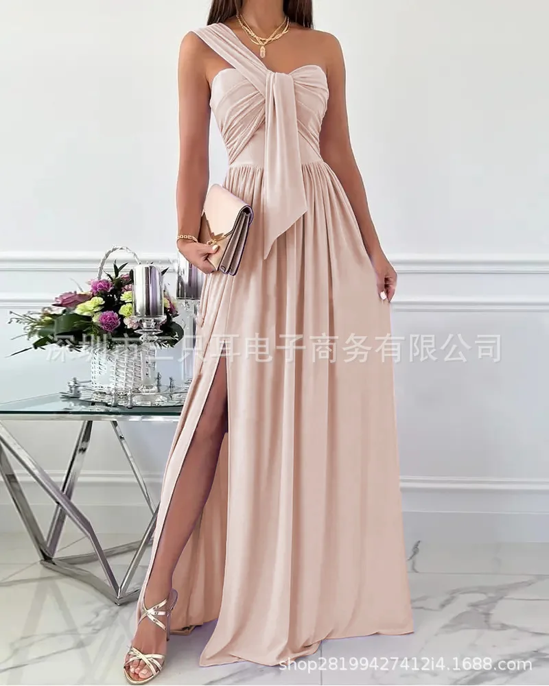 Robe maxi fendue sur le côté pour femmes, une initiée, sexy, froncée, plissée, soirée formelle, balançoire, robes longues